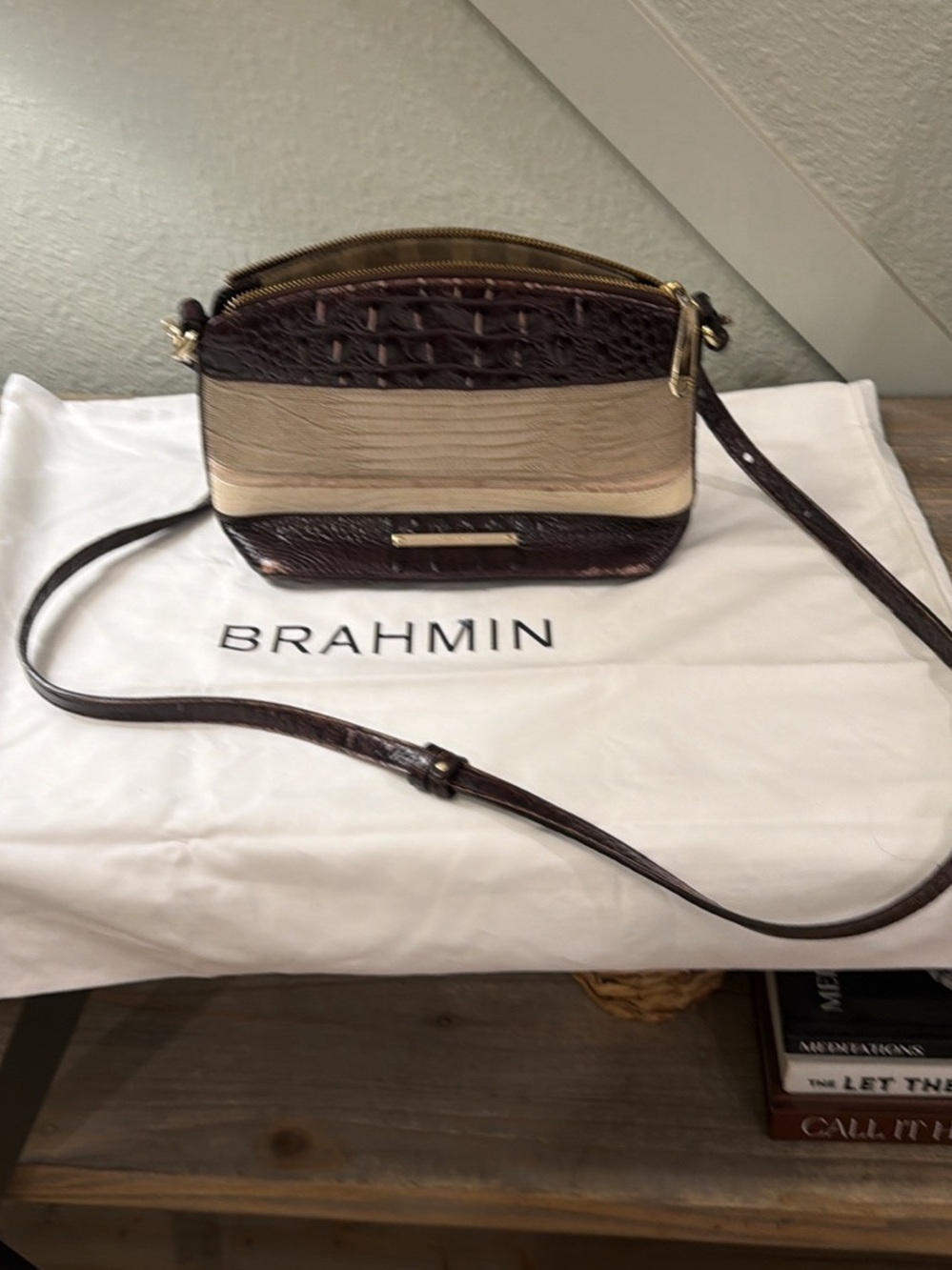 Brahmin Brown and Cream Croc-Embossed Crossbody with Gold Hardware